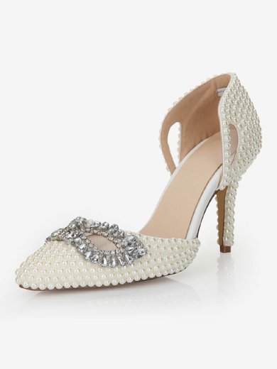 Women's White Patent Leather Pumps with Crystal/Hollow-out/Pearl #Milly03030554