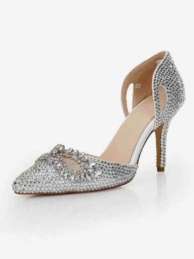 Women's Silver Satin Pumps with Crystal/Crystal Heel/Hollow-out #Milly03030555