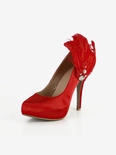 Women's Red Satin Pumps with Crystal/Applique/Feather/Pearl #Milly03030558
