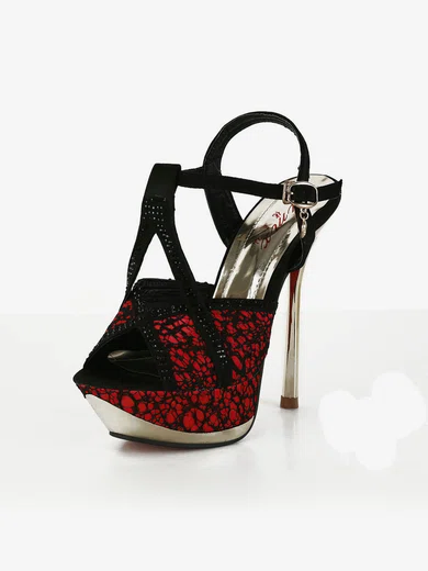 Women's Red Satin Pumps with Rivet/Stitching Lace/Buckle #Milly03030568