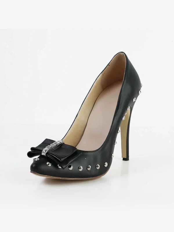 Women's Black Real Leather Pumps with Bowknot/Rivet #Milly03030577
