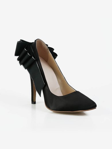 Women's Black Satin Pumps with Bowknot #Milly03030581