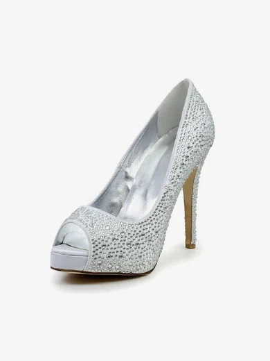 Women's Silver Satin Pumps with Crystal/Crystal Heel #Milly03030585