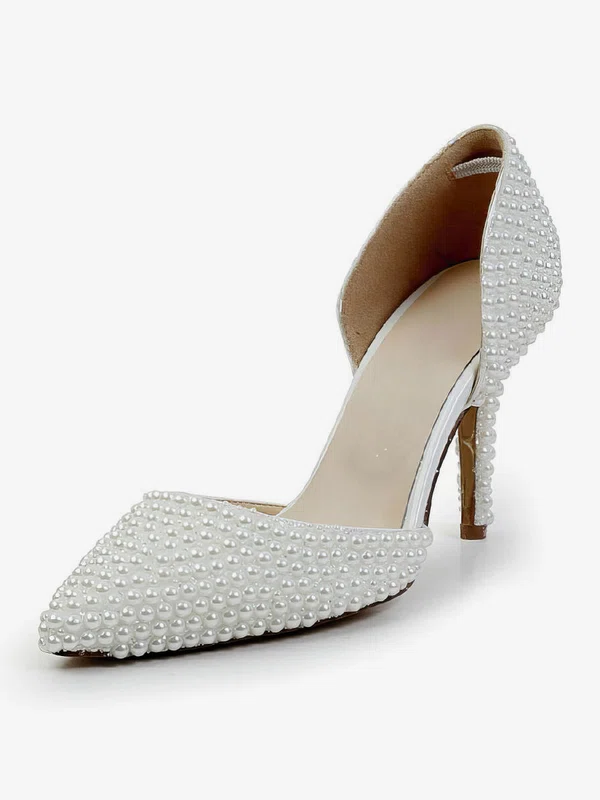 Women's White Patent Leather Pumps with Imitation Pearl #Milly03030590
