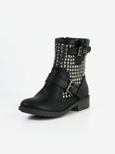 Women's Black Real Leather Ankle Boots with Buckle/Rivet #Milly03030594