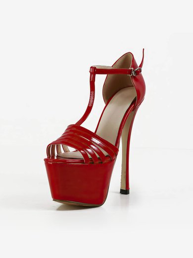Women's Red Patent Leather Pumps with Buckle/T-Strap #Milly03030599