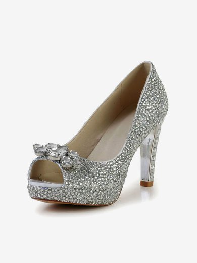 Women's Silver Real Leather Pumps with Crystal/Crystal Heel #Milly03030601