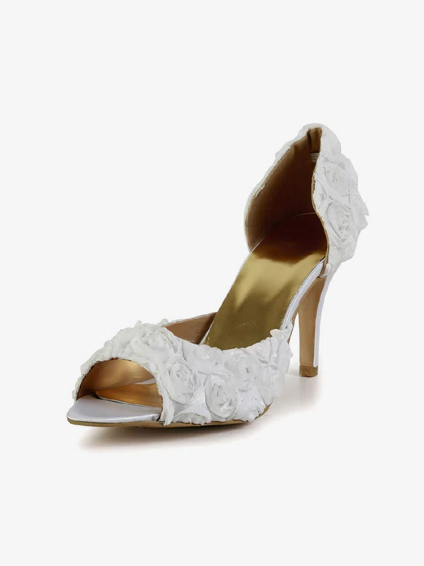 Women's White Satin Pumps with Flower #Milly03030605