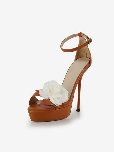 Women's Brown Real Leather Pumps with Buckle/Flower #Milly03030606