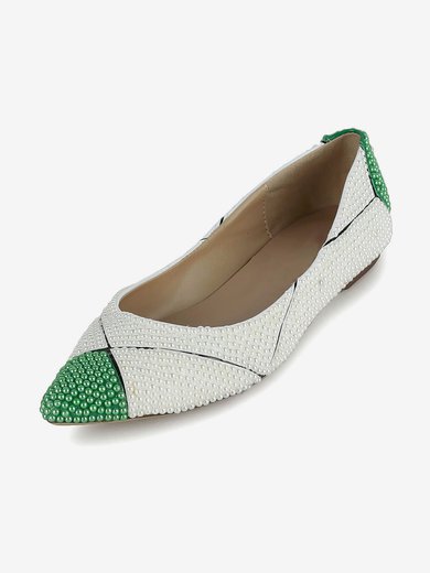 Women's White Patent Leather Flats with Imitation Pearl #Milly03030619