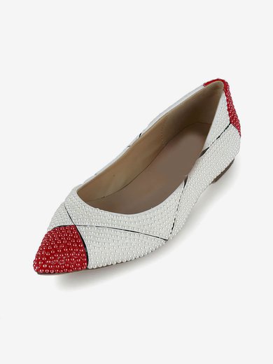 Women's White Patent Leather Flats with Imitation Pearl #Milly03030620