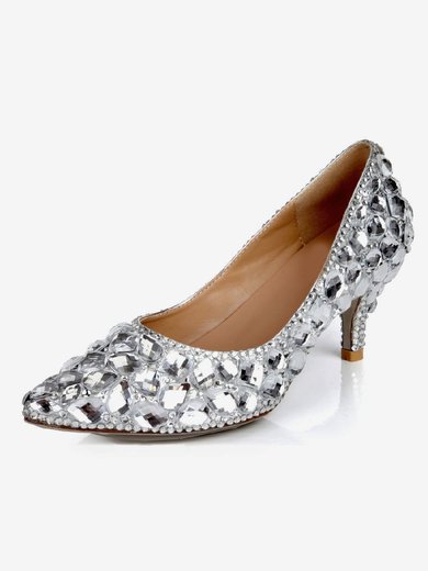 Women's Silver Real Leather Pumps with Crystal/Crystal Heel #Milly03030623