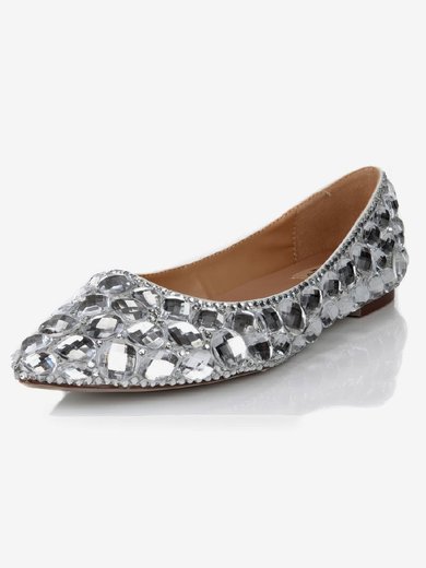Women's Silver Real Leather Flats with Crystal #Milly03030624