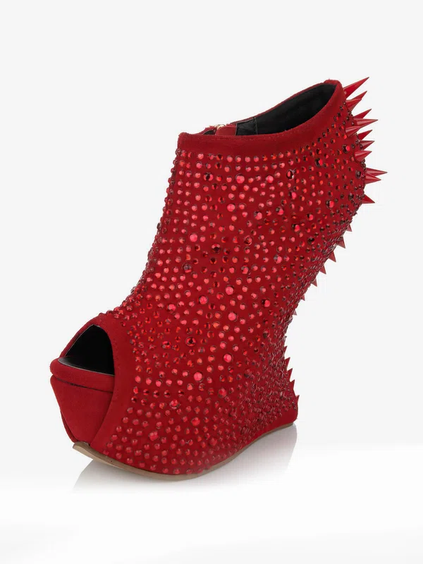 Women's Red Suede Peep Toe with Zipper/Crystal/Rivet #Milly03030626