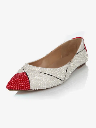 Women's White Patent Leather Flats with Imitation Pearl #Milly03030628