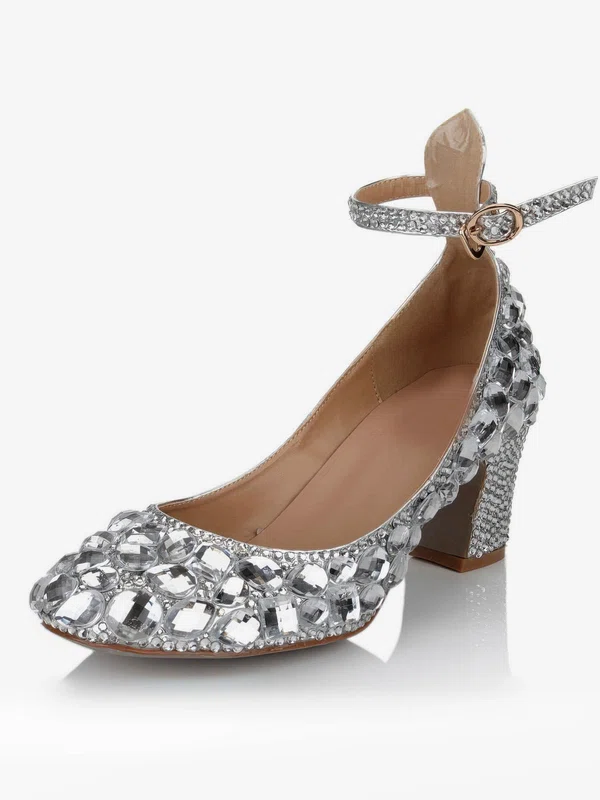 Women's Silver Real Leather Pumps with Buckle/Crystal/Crystal Heel #Milly03030632