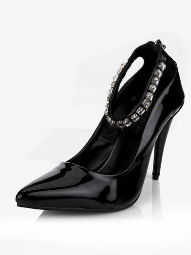 Women's Black Patent Leather Pumps with Zipper/Crystal #Milly03030635