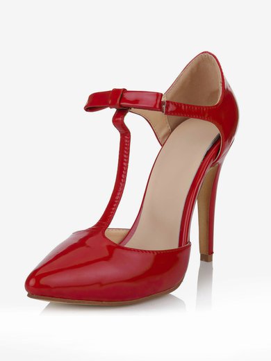 Women's Red Patent Leather Pumps with Bowknot/T-Strap #Milly03030636