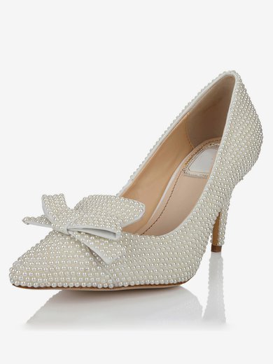Women's White Patent Leather Pumps with Bowknot/Pearl #Milly03030637