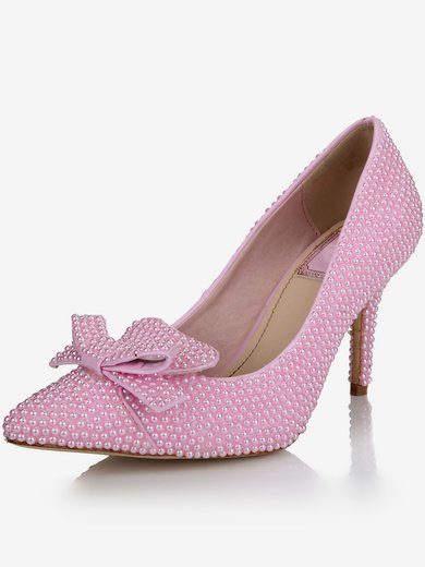 Women's Pink Patent Leather Pumps with Bowknot/Pearl #Milly03030638