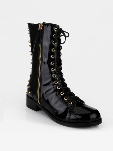 Women's Black Patent Leather Martin Boots with Zipper/Lace-up/Rivet #Milly03030645