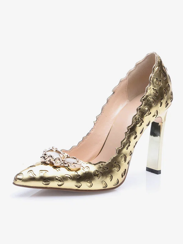 Women's Gold Real Leather Chunky Heel Pumps #Milly03030676