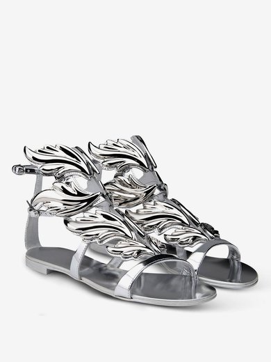 Women's Silver Patent Leather Flat Heel Sandals #Milly03030727