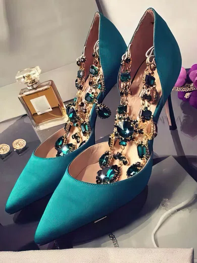 Women's Green Satin Stiletto Heel Pumps #Milly03030751