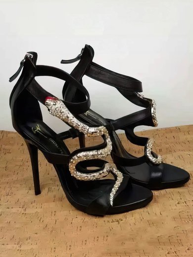 Women's Black Real Leather Stiletto Heel Sandals #Milly03030759